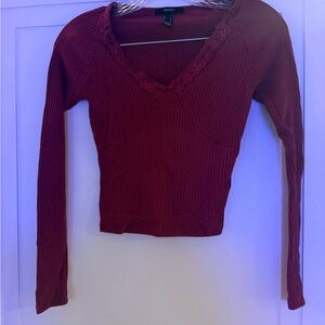 Forever 21 Burgundy Ribbed V-Neck Blouse